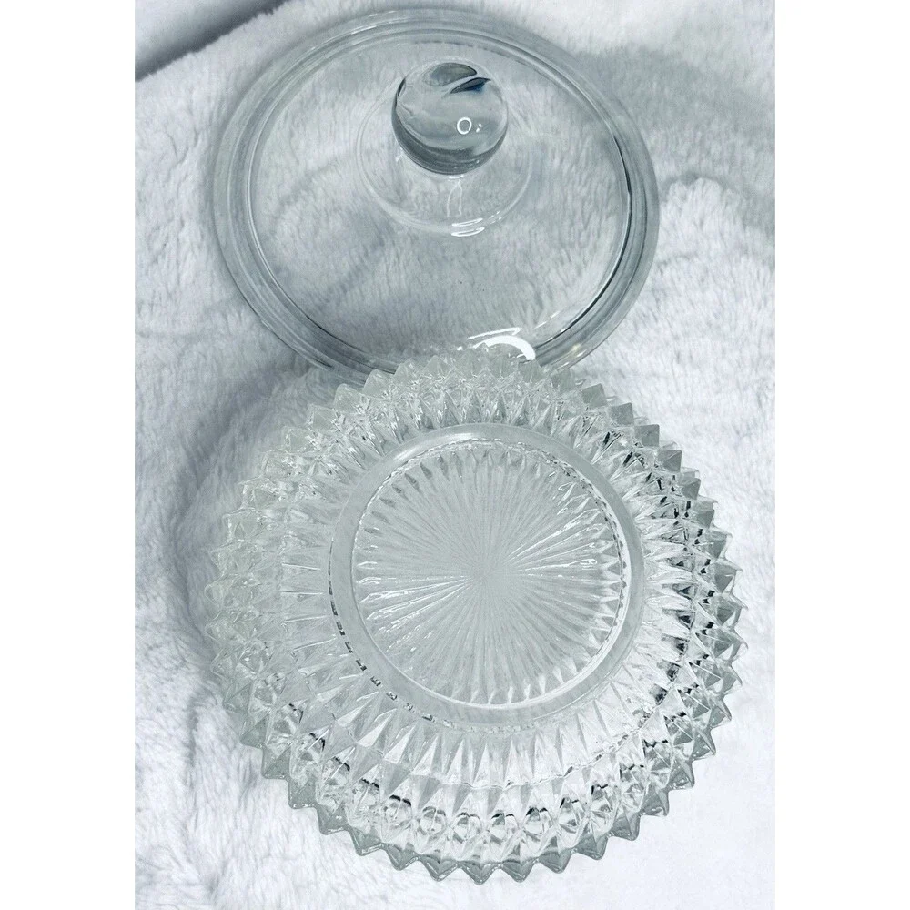 Vintage Cut Glass Covered Candy Dish Bowl Diamond Pattern 4” w Lid
